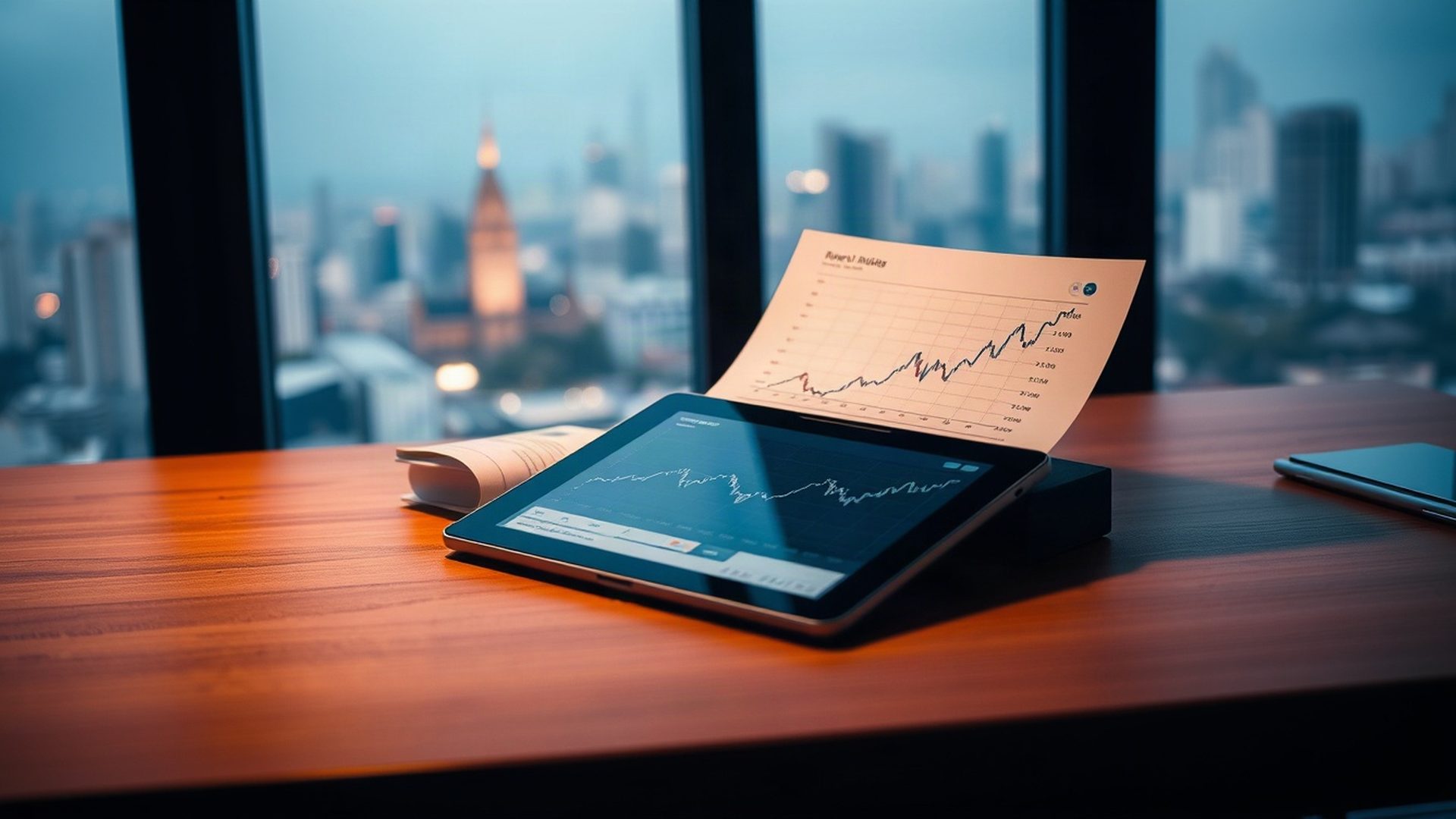 Editorial flat-lay of financial data printouts and a tablet showing a line chart on a teak desk in Bangkok